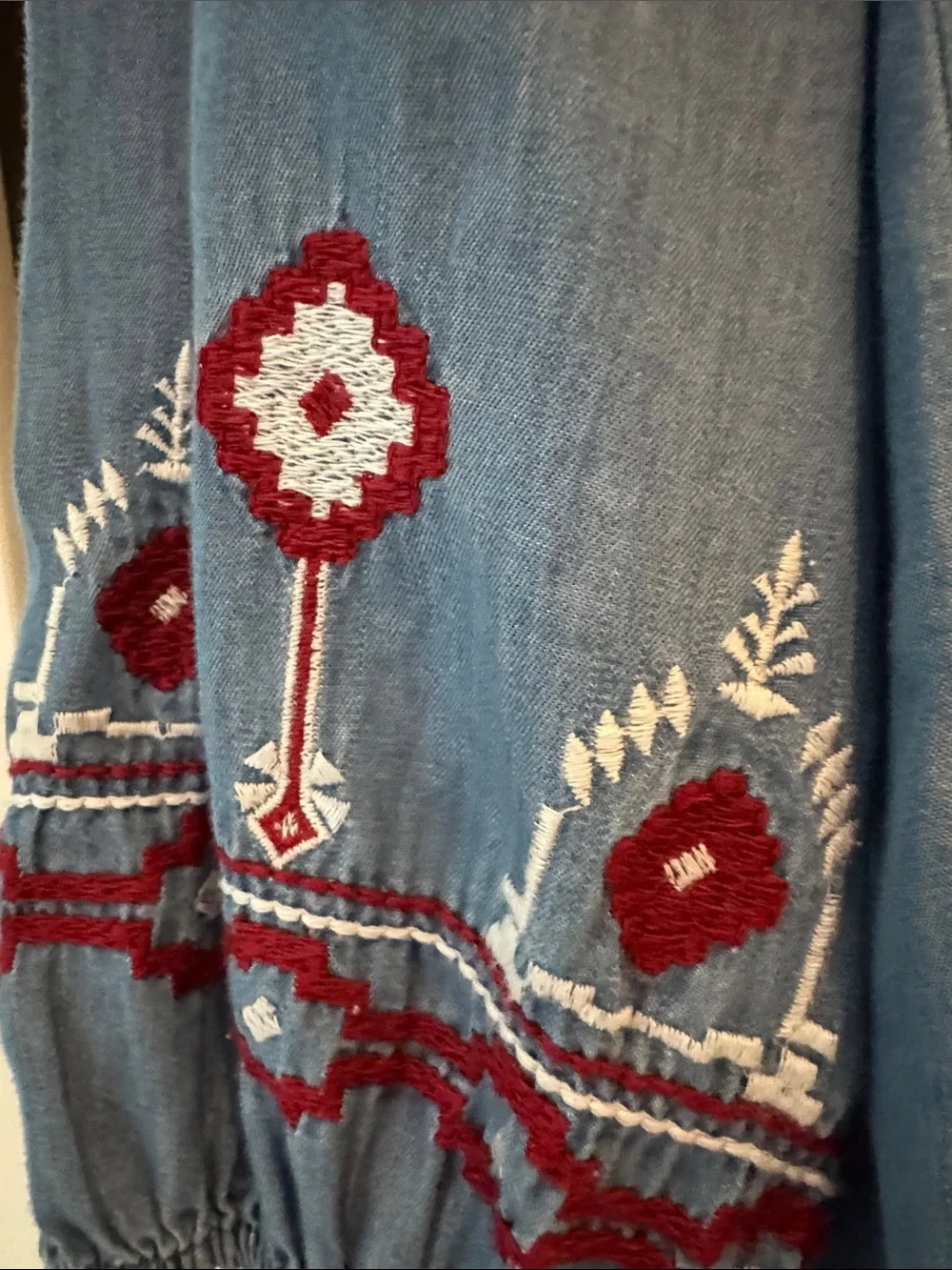Style & Co. Blue Embroidered Peasant Blouse with Red Trim - Picture 3 of 6